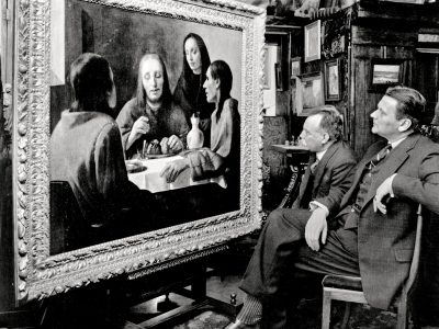 Han van Meegeren (1889-1947), ‘The Supper at Emmaus’ viewed by Dirk Hannema (jobbra), director of Museum Boymans, and Hendrik Luitwieler (balra), restorer. 1938.