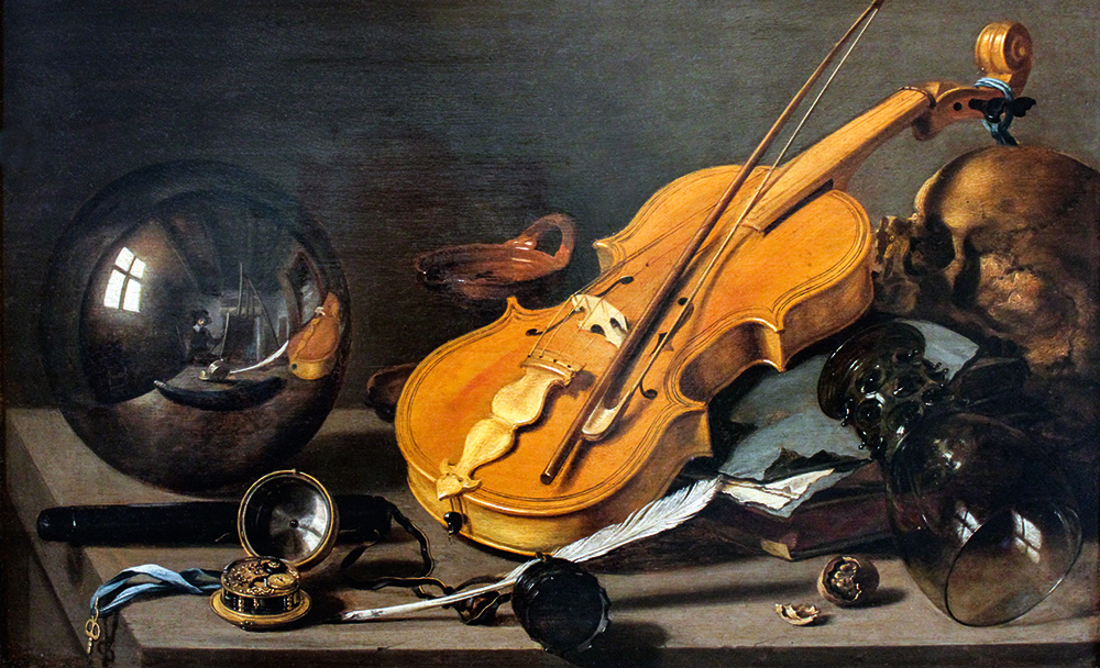 Pieter Claesz: Vanitas hegedűvel és üveggömbbel, 1628 körül Germanisches Nationalmuseum, Nürnberg