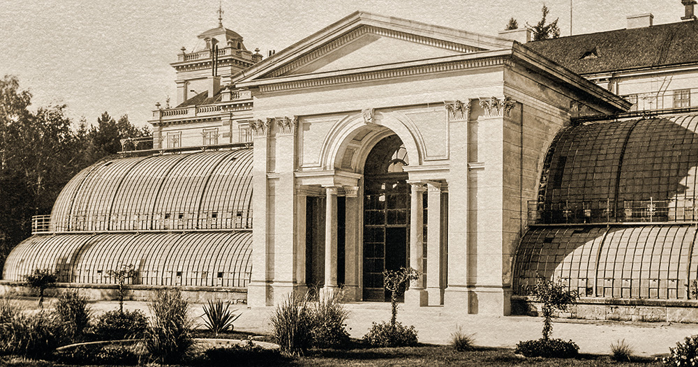 Alcsút, az Ybl Miklós által tervezett pálmaház. Fotográfia, 1900 körül. © Alföldy Gábor kerttörténeti gyűjteményéből.