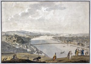 Petrich András (1765-1842): Pest- Buda látképe a Gellérthegyről, 1800 körül, színezett rézkarc