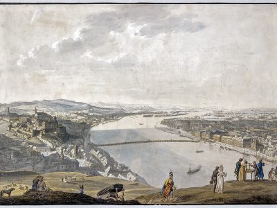 Petrich András (1765-1842): Pest- Buda látképe a Gellérthegyről, 1800 körül, színezett rézkarc