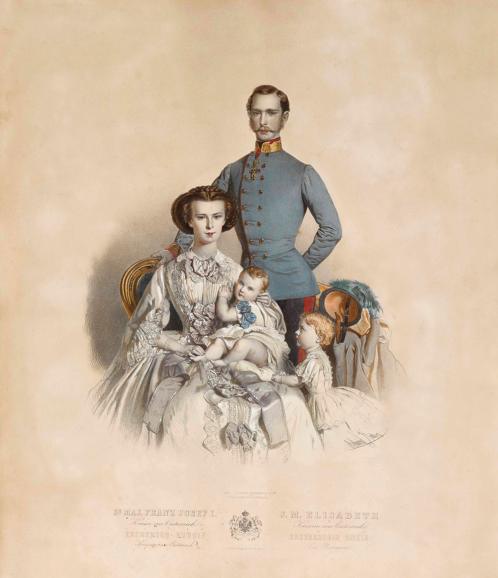 Eduard Kaiser (1820–1895): I. Ferenc József, Erzsébet, Gizella és Rudolf, 1858, színes litográfia