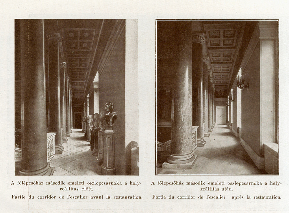Mellszobrok a lépcsőházban. Képpár Dr. Lechner Jenő: A Magyar Nemzeti Múzeum épülete 1836–1926 című, 1927-ben megjelent albumából