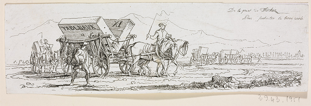 Joseph Fischer: A gyűjtemény átszállítása Pottendorfból Laxenburgba, 1805 rézkarc, 61×203 mm Szépművészeti Múzeum