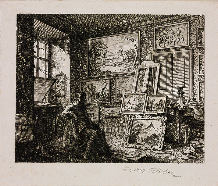Joseph Fischer: Fischer pottendorfi dolgozószobájában, 1809 Rézkarc, 128×157 mm Szépművészeti Múzeum