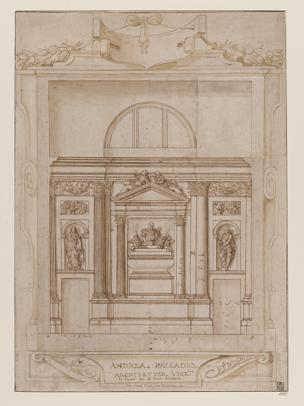 Andrea Palladio és Battista del Moro: Síremlékterv, 1560 körül, toll és lavírozás, barna tinta, papír, 473×338 mm Szépművészeti Múzeum