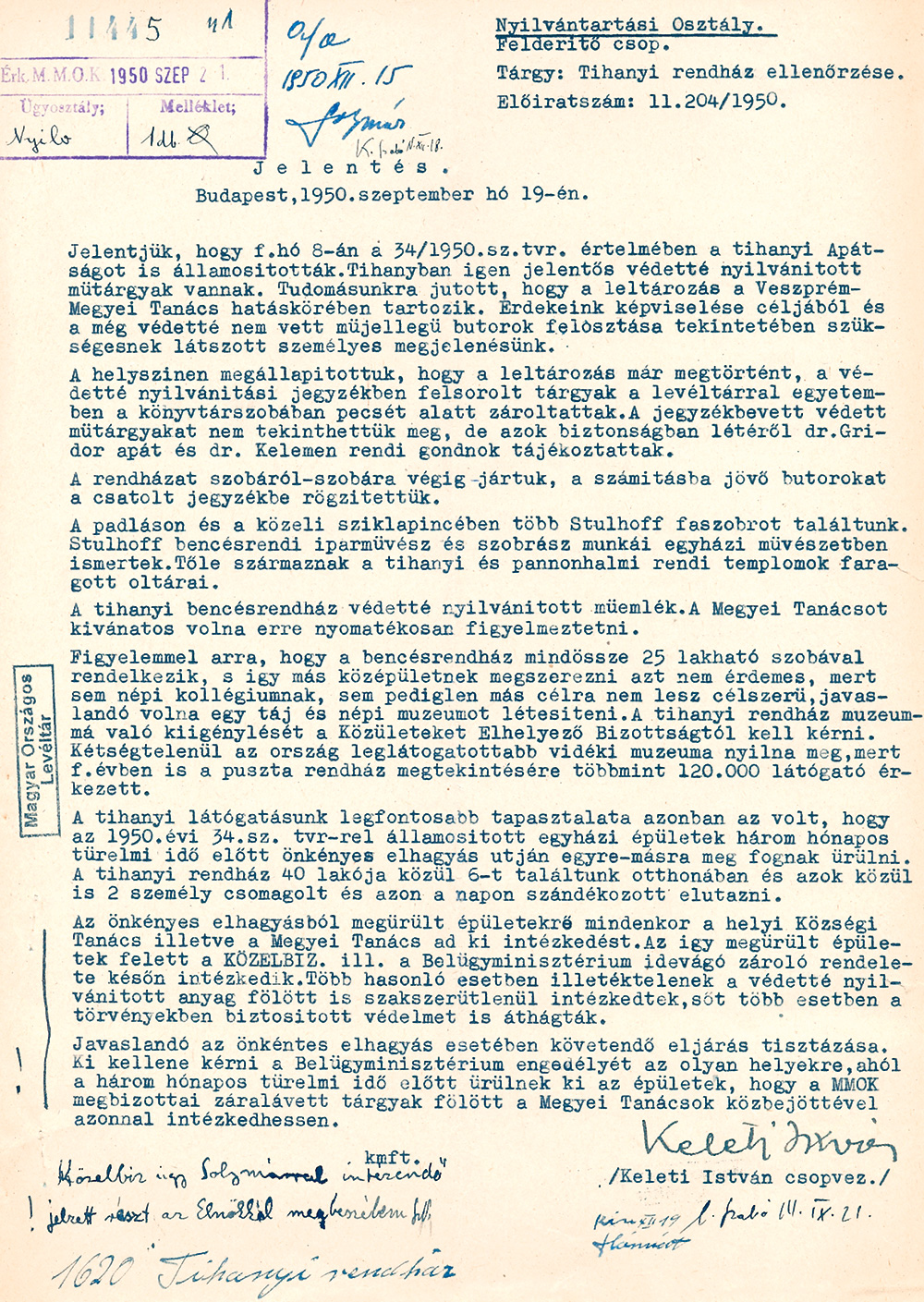 Az MMOK 1950. szeptember 19-én kelt jelentése és a muzeális jellegű bútorokról készült jegyzéke Forrás: MNL OL