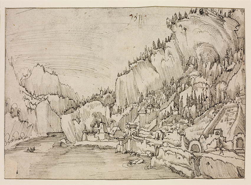 Albrecht Altdorfer: Sarmingstein and der Donau, 1511 toll és szürke tinta, papír, 147×207 mm Szépművészeti Múzeum