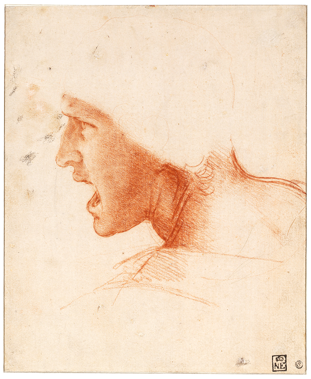 Leonardo da Vinci: Fejtanulmány, 1504–1505 körül vörös kréta, alapozott papír, 226×186 mm Szépművészeti Múzeum