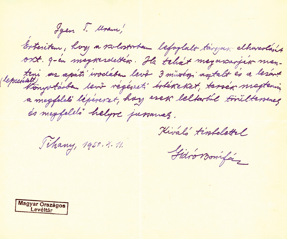 Gidró Bonifác tihanyi apát Lengyel Alfonznak (MMOK) küldött levele, 1950. október 11. Forrás: MNL OL