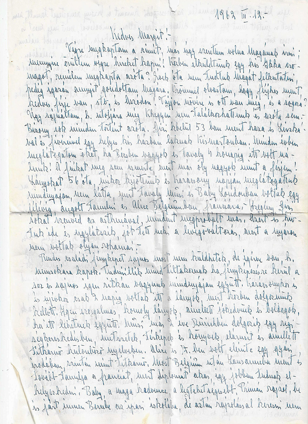 Részlet Esterházy Bernadette K. Margithoz írt egyik leveléből (1962. március 12.)