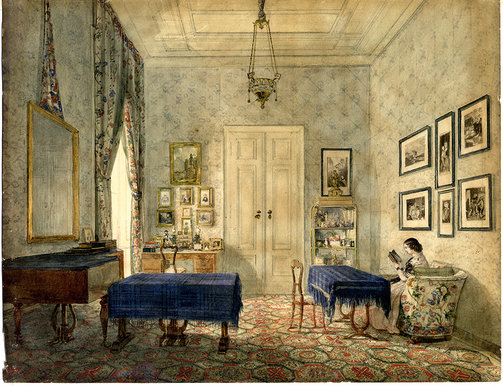 Pulszky Teréz (Walter Teréz) akvarellje bécsi lakószobájáról, 1844