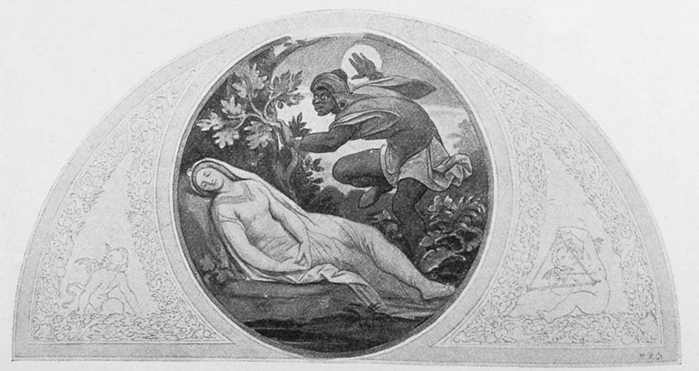 Moritz von Schwind: Monostatos az alvó Pamínához lopakodik, hogy megcsókolja, 1864/65. Vázlat a bécsi Opera falképéhez