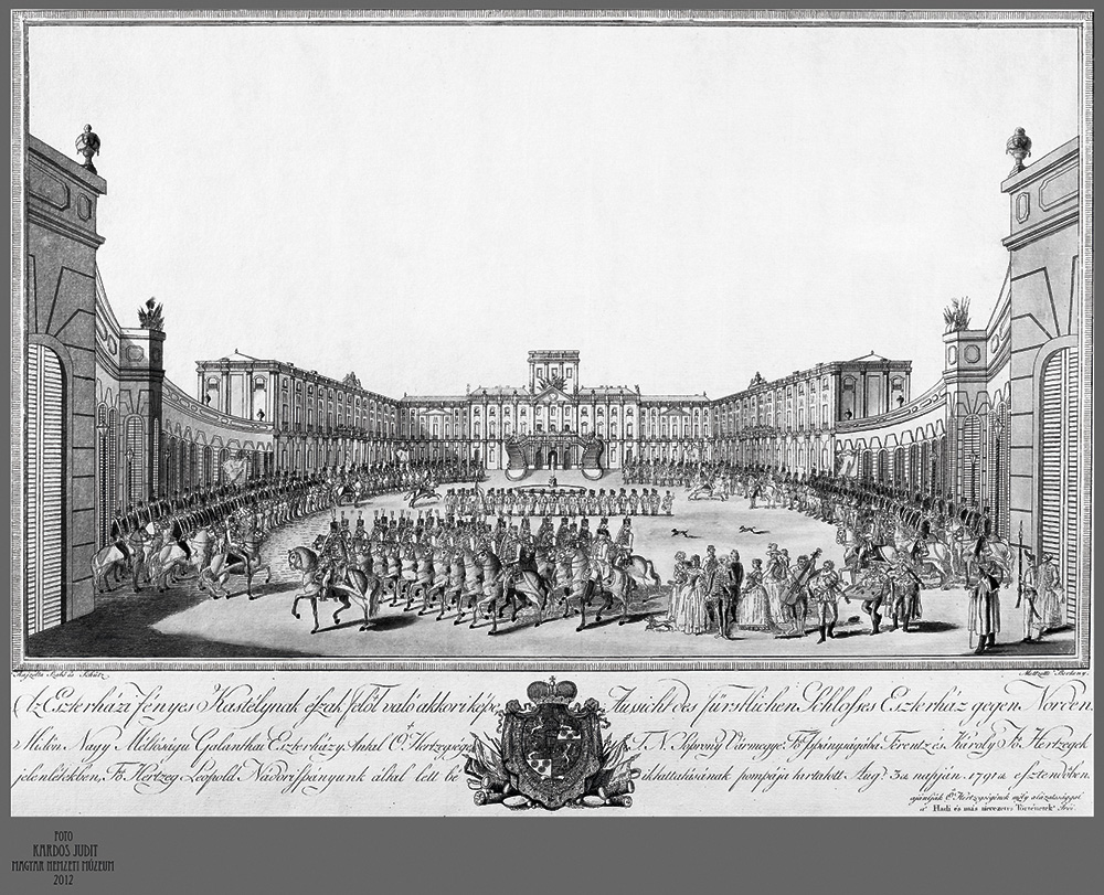 Esterházy Antal herceg főispáni beiktatása Berkeny János színezett rézmetszete, 1791 Wikipedia Commons