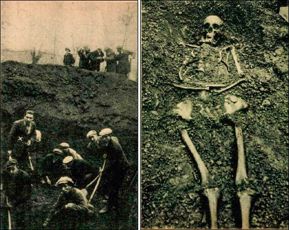 A Képes Pesti Hírlap (1934. jan. 26.) fényképmelléklete: Wéber Gyula („X”-szel jelölve), a Kemenesaljai Múzeum régészeként feltárást végez a sári templom mellett, Tinódi Lantos Sebestyén maradványait kutatva (balra). A feltárt temetkezések egyike (jobbra)