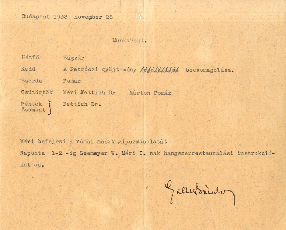 Heti restaurátori munkarend Gallus Sándor aláírásával, 1938. nov. 28. (MNM-TA 94/1938)