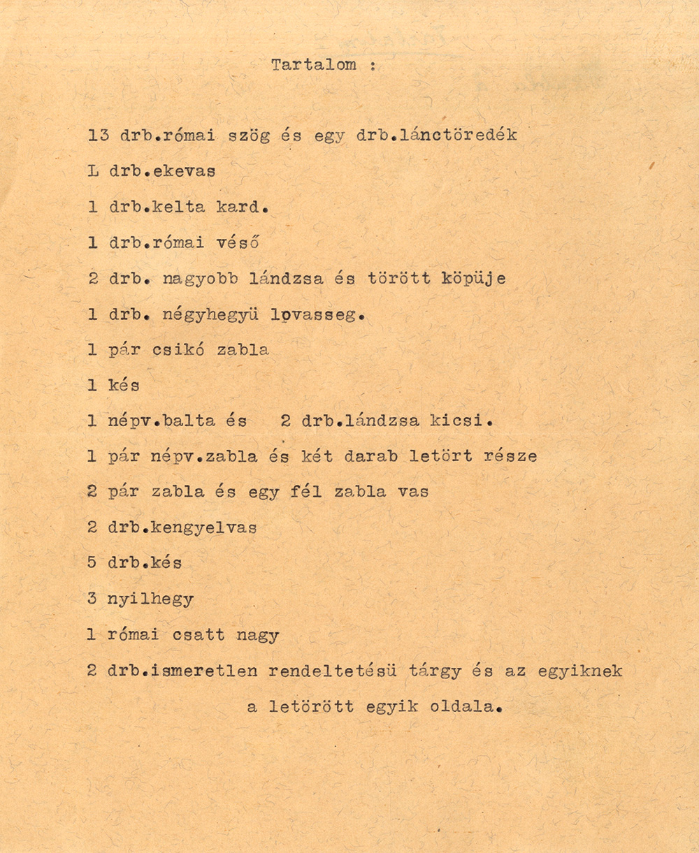 Részlet a Smidt Lajos gyűjteményéből restaurálásra küldött leletek tárgylistájából (MNM-TA 24/1938)