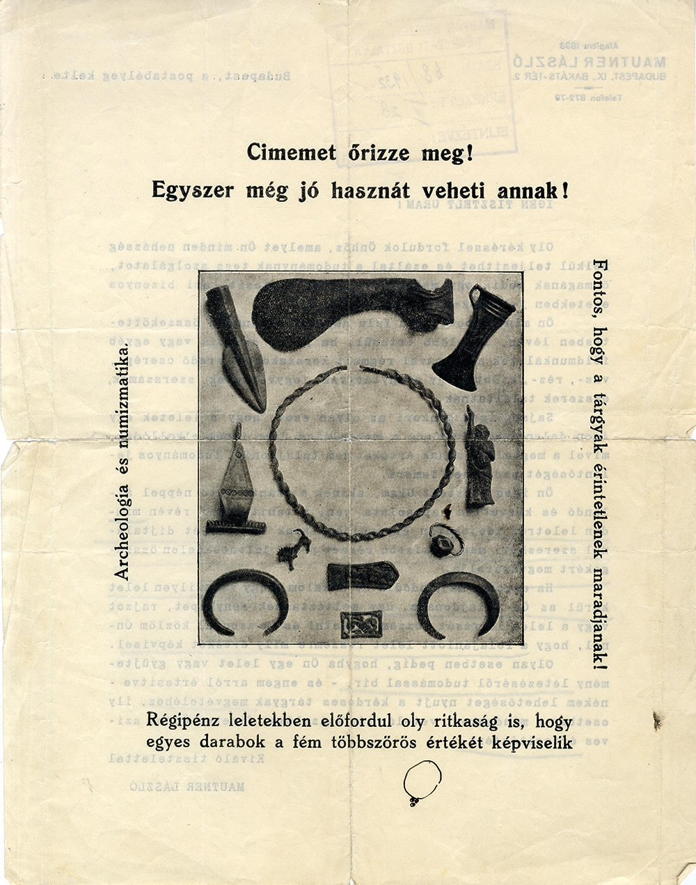 Mauthner László budapesti régiségkereskedő régészeti leletek „beszolgáltatására” felhívó körlevelének (1932) hátlapja, a képen különböző korszakokból származó régiségekkel (MNM-TA 68/1932)