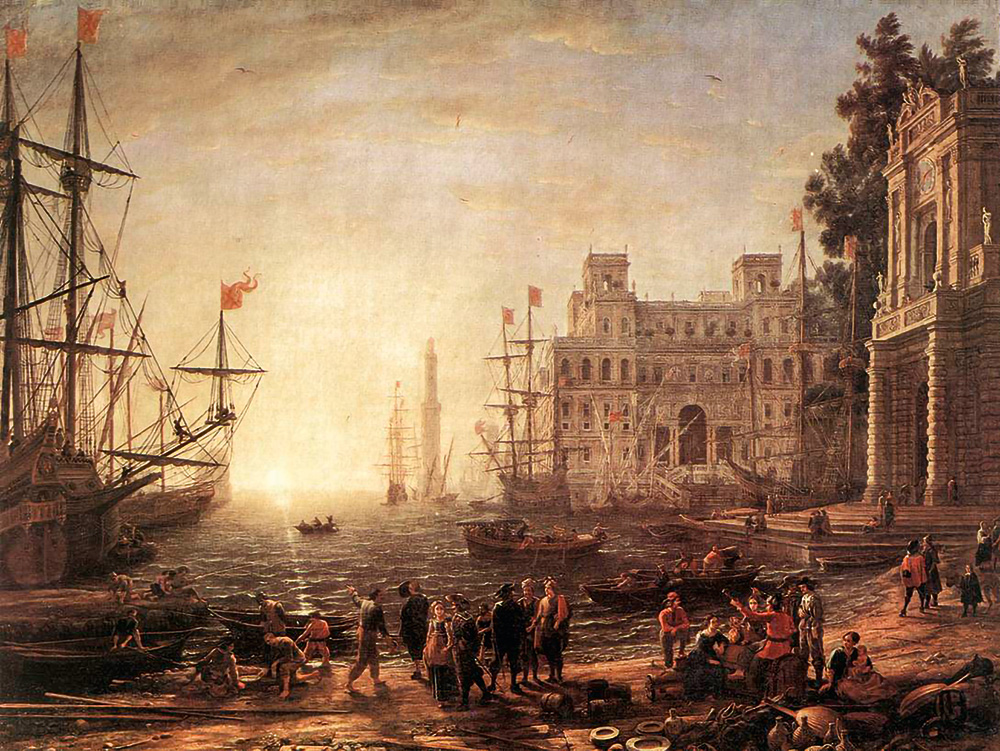 Claude Lorrain: Kikötői jelenet a Villa Medicivel, 1637. Olajfestmény