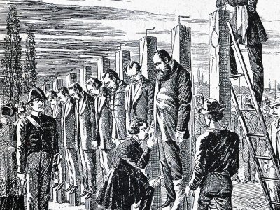 Vécsey tábornok megcsókolja a kivégzett Damjanich kezét
Forrás: Gracza György: Az 1848–49-iki magyar szabadságharc története, V. kötet, A vérbosszú