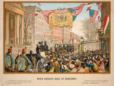 Kossuth Lajos megérkezik a Broadway-re 1851. december 6-án. Litográfia Megjelent: Ladies Home Journal, 1897