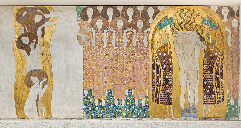 Gustav Klimt: Beethoven- fríz. Részlet: A lovag és a Költészet csókja, az angyalok kórusa előtt Fotó: Jorit Aust, Vereinigung bildender KünstlerInnen Wiener Secession
