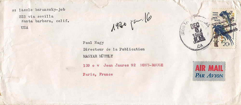 Baránszky-Jób László borítékja, Santa Barbara, 1969. dec. 6.