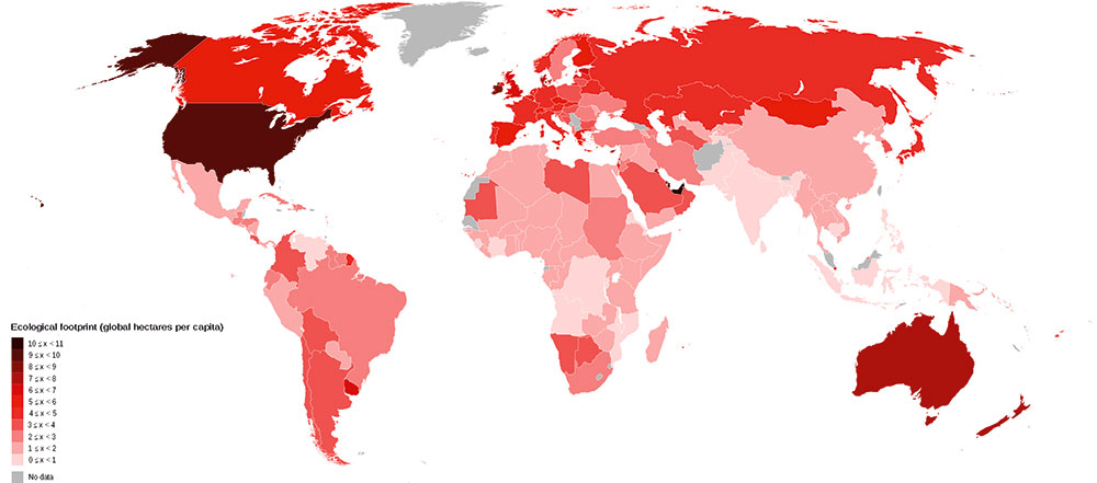 A 2006-os ökológiai lábnyomuk szerint színezett országok világtérképe Forrás: Global Footprint Network, 2009. november 25.